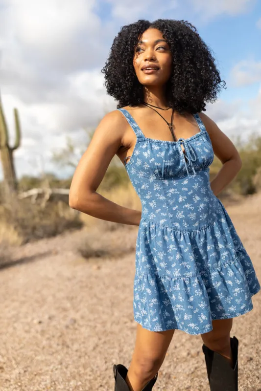 Harmonic Blooms Ditsy Floral Denim Mini Dress SALE sold by Pink Lily