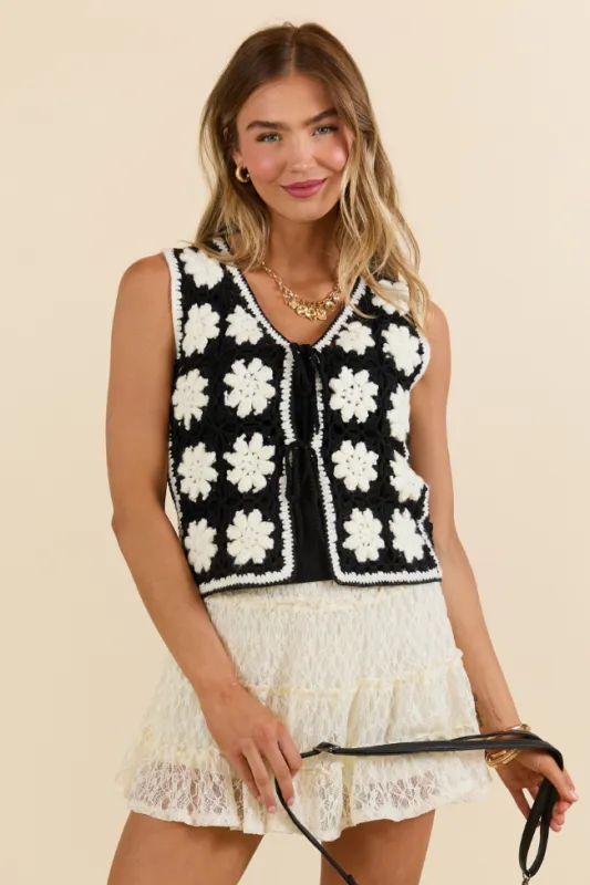 Rodeo Drive Black and Ivory Crochet Sweater Vest sold by Pink Lily