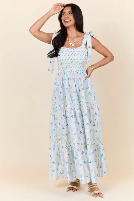 In The Meadows Ivory and Blue Smocked Print Midi Dress FINAL SALE sold by Pink Lily