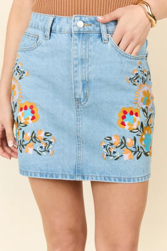 Garden Of Grace Floral Embroidered Denim Skirt FINAL SALE sold by Pink Lily