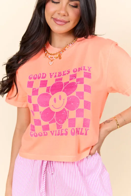 Good Vibes Only Smiley Checkered Neon Orange Boxy Graphic Tee sold by Pink Lily