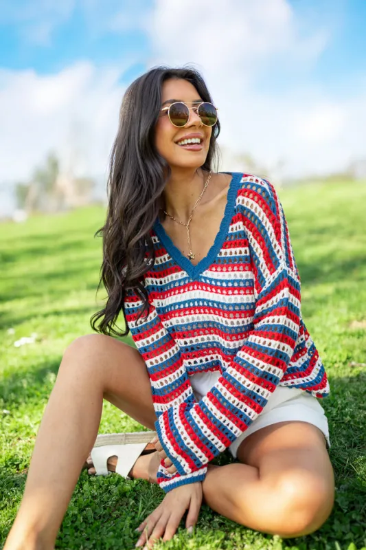 Chasing Rainbows V-Neck Red, White, And Blue Striped Crochet Sweater FINAL SALE sold by Pink Lily