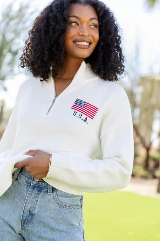 Fly High Cream American Flag Embroidered Quarter Zip Pullover FINAL SALE sold by Pink Lily