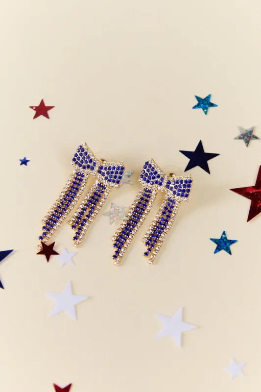 Blue Crystal Fringe Bow Earrings FINAL SALE sold by Pink Lily