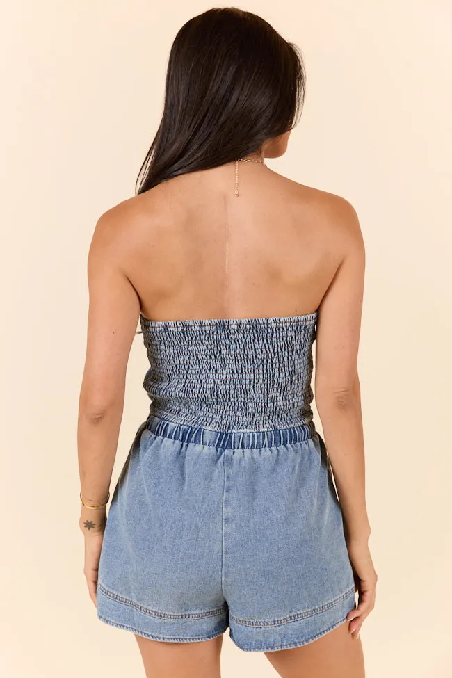 Worth The Risk Denim Strapless Romper FINAL SALE sold by Pink Lily product image thumbnail 5