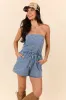 Worth The Risk Denim Strapless Romper sold by Pink Lily