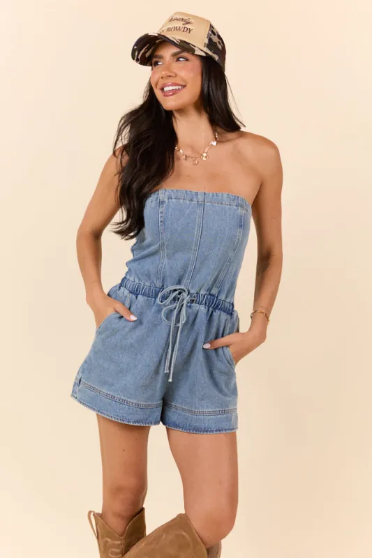 Worth The Risk Denim Strapless Romper sold by Pink Lily