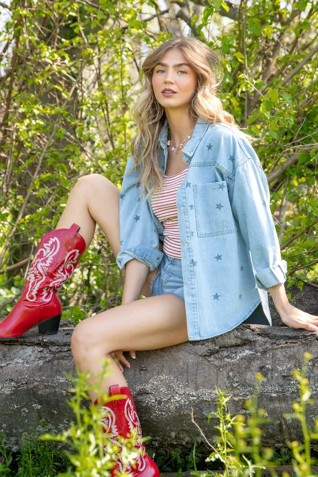 Born To Shine Star Denim Shirt FINAL SALE sold by Pink Lily