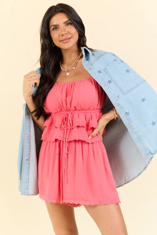 Where I Belong Coral Lace Trim Tank and Shorts Set FINAL SALE made by HYFVE