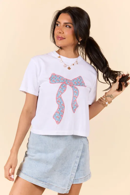Floral Printed Bow White Boxy Graphic Tee sold by Pink Lily