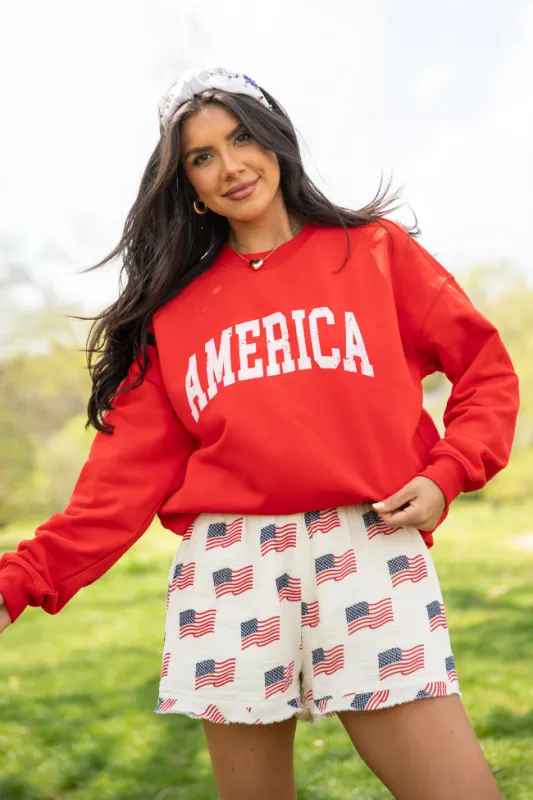America Distressed Red Graphic Sweatshirt sold by Pink Lily