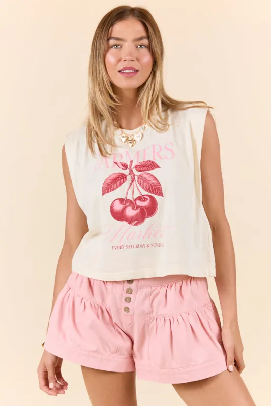 Farmers Market Cherries Faded Cream Muscle Graphic Tee sold by Pink Lily