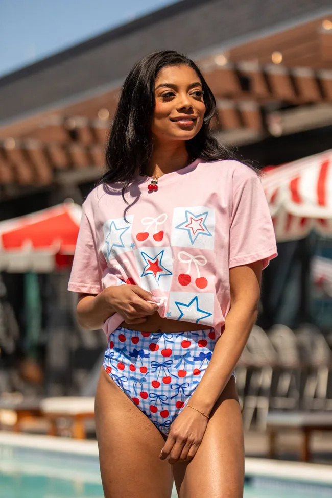 Cherries and Stars Checkered Light Pink Graphic Tee sold by Pink Lily