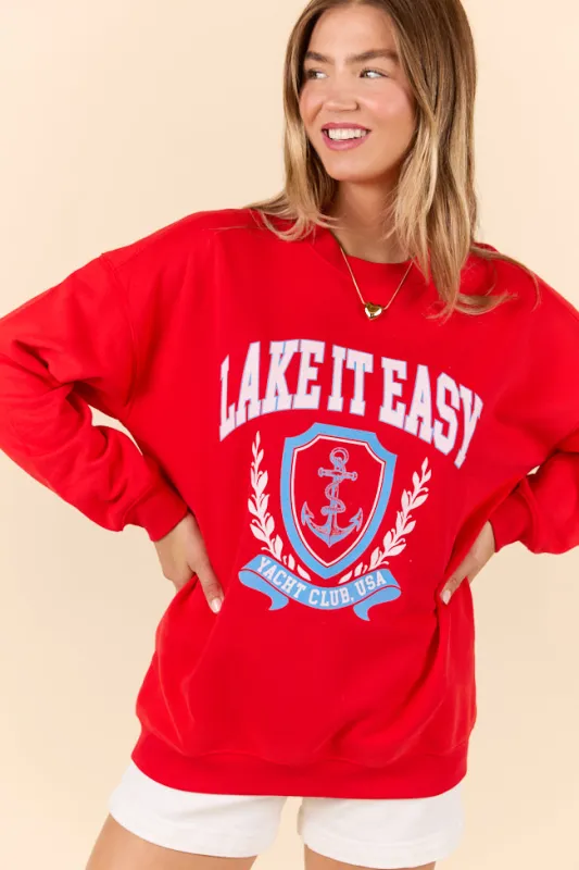 Lake It Easy Red Graphic Sweatshirt sold by Pink Lily