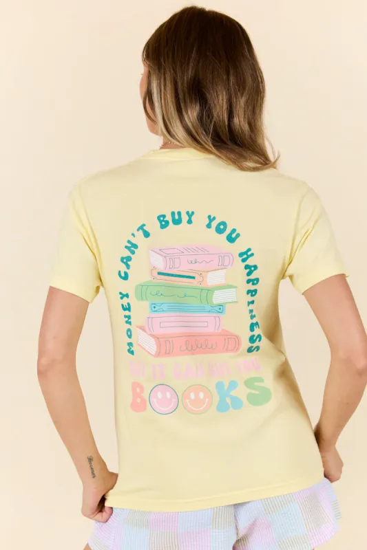 Can't Buy You Happiness But Can Buy Books Yellow Graphic Tee sold by Pink Lily