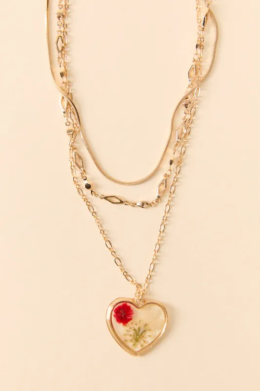 Pressed Floral Red Heart Necklace FINAL SALE made by Pink Lily