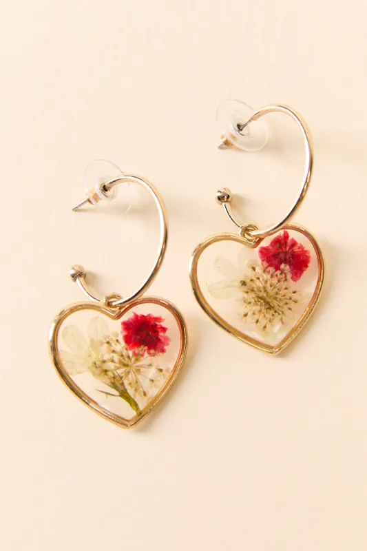 Pressed Floral Red Heart Earrings FINAL SALE sold by Pink Lily