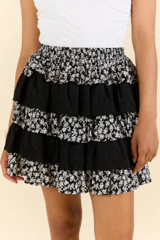 Best Memory Black Floral Tiered Ruffle Skort SALE sold by Pink Lily