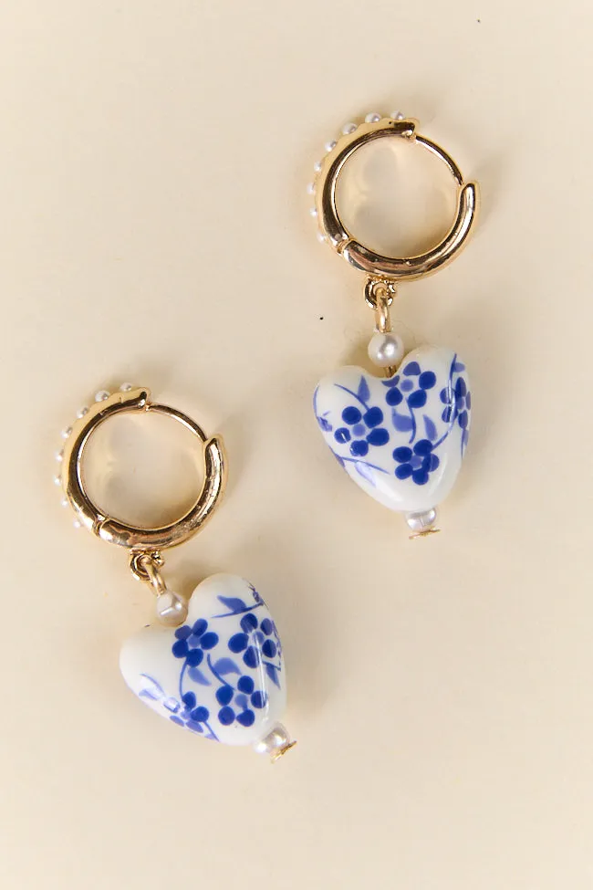 Blue Ceramic Printed Heart Earrings FINAL SALE sold by Pink Lily