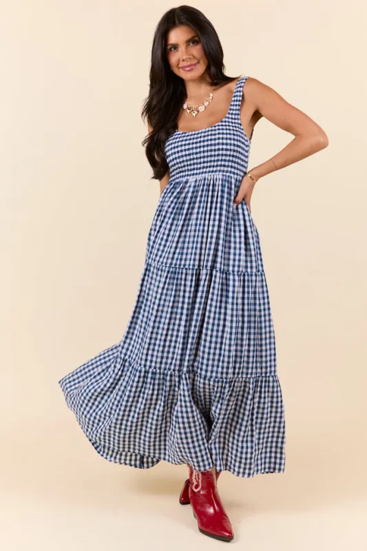 Sunday Check-In Navy Gingham Maxi Dress FINAL SALE sold by Pink Lily