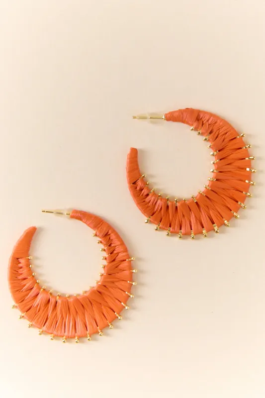 Orange Raffia Wrapped Hoop Earrings sold by Pink Lily