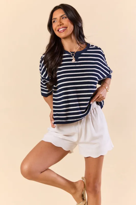 Color Wave Navy and White Striped Knit Boxy Tee sold by Pink Lily