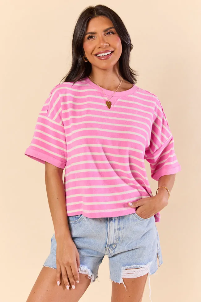 Color Wave Pink and Oatmeal Striped Knit Boxy Tee sold by Pink Lily