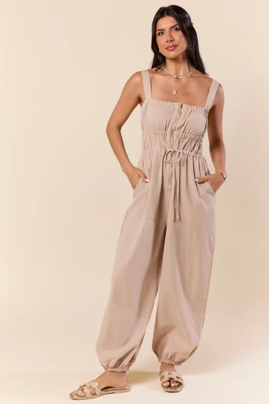 Zip Into Comfort Tan Zipper Jumpsuit made by HYFVE