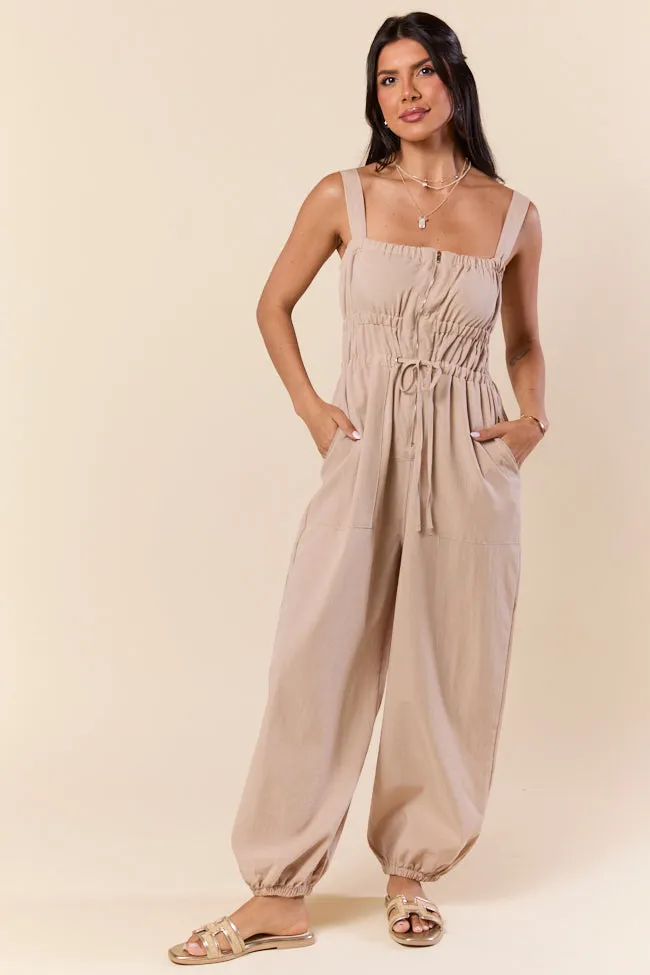 Zip Into Comfort Tan Zipper Jumpsuit sold by Pink Lily