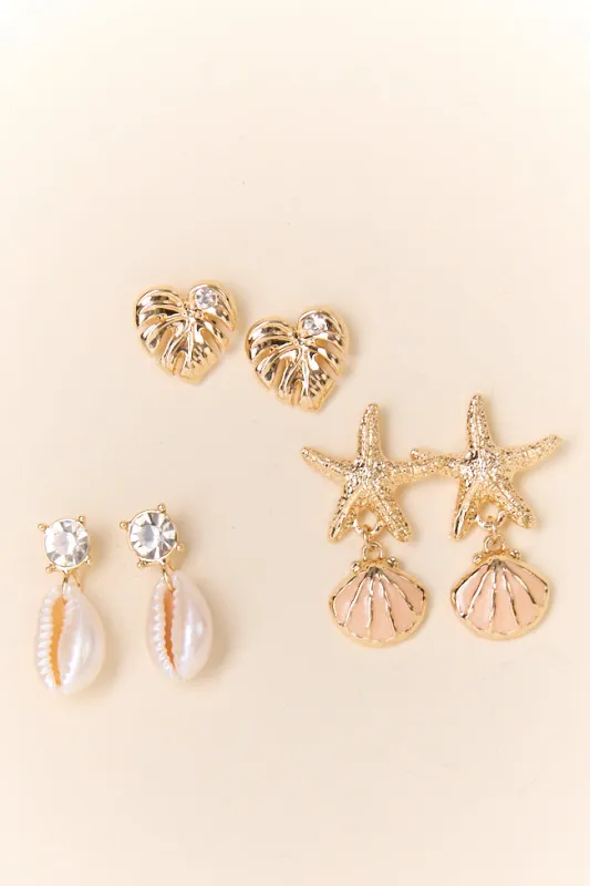 Multi Shell Dangle Gold Earring Trio Set sold by Pink Lily