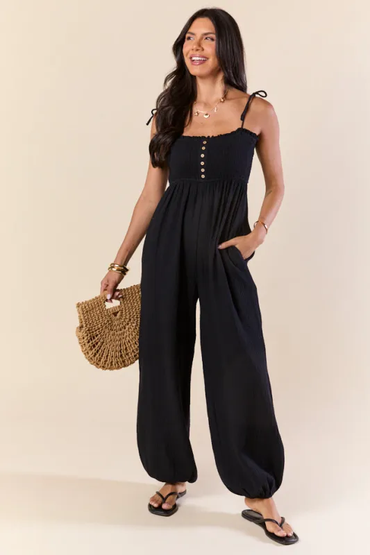 All Around Town Black Gauze Jumpsuit SALE sold by Pink Lily