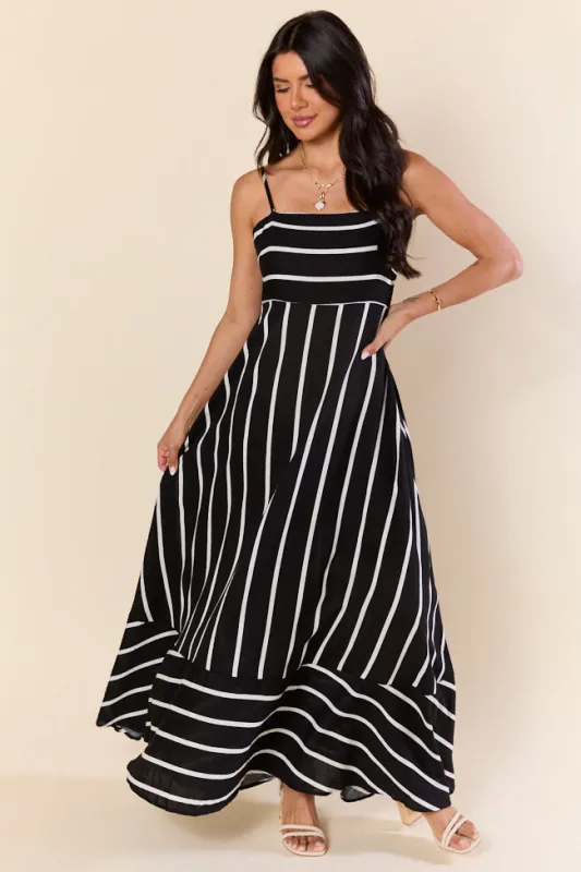 Come Sail Away Black and White Striped Maxi Dress sold by Pink Lily