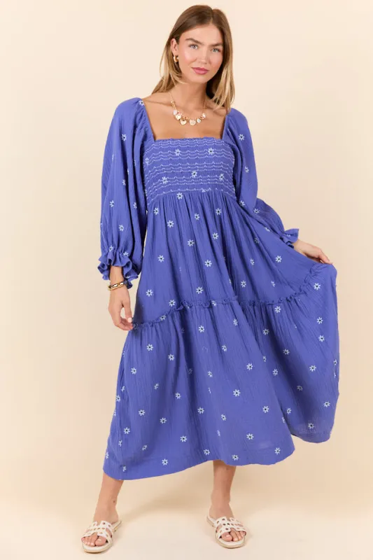 Dress To Impress Blue and Purple Smocked Flower Maxi Dress sold by Pink Lily