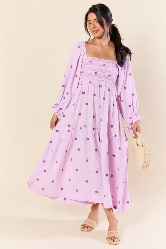 Dress To Impress Purple Smocked Flower Maxi Dress sold by Pink Lily