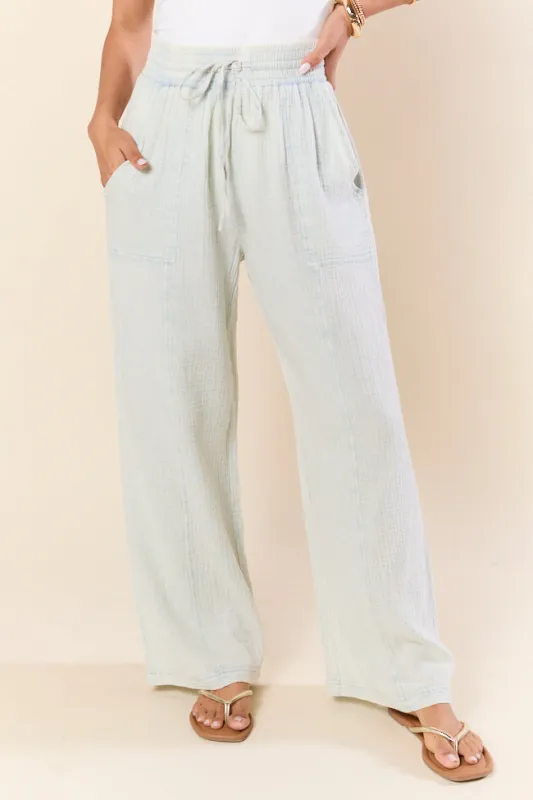 Match My Energy Light Blue Acid Wash Gauze Pants SALE sold by Pink Lily