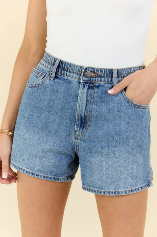 Debbie Medium Wash Elastic Waist Mom Shorts sold by Pink Lily
