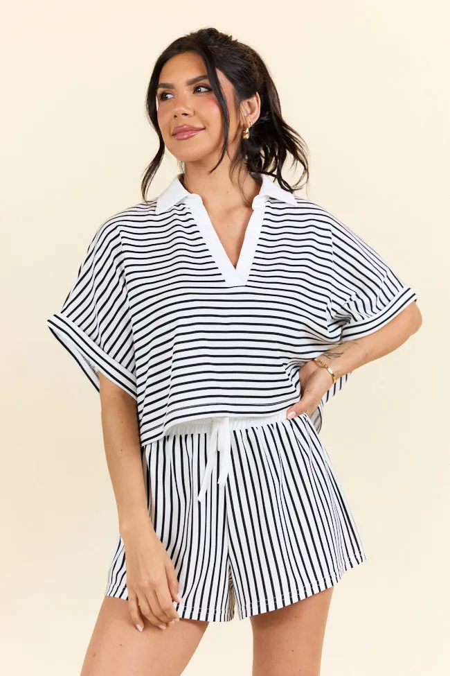 Move With Purpose White And Black Knit Striped Cropped Shirt sold by Pink Lily