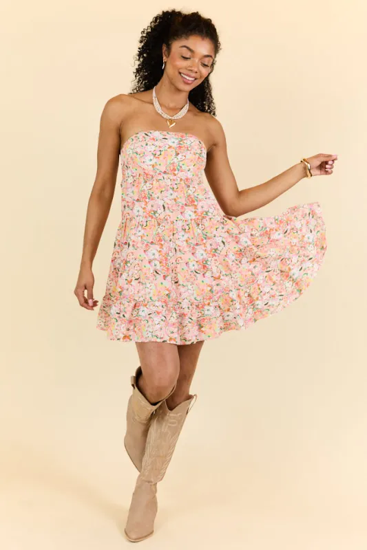 Sweet Thing Strapless Pink and Peach Printed Mini Dress SALE sold by Pink Lily