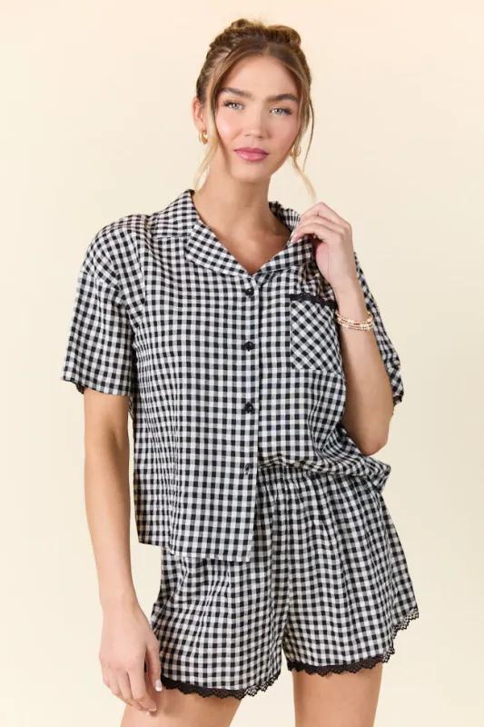 Peaceful Mornings Black Gingham Short Sleeve Pajama Set SALE sold by Pink Lily