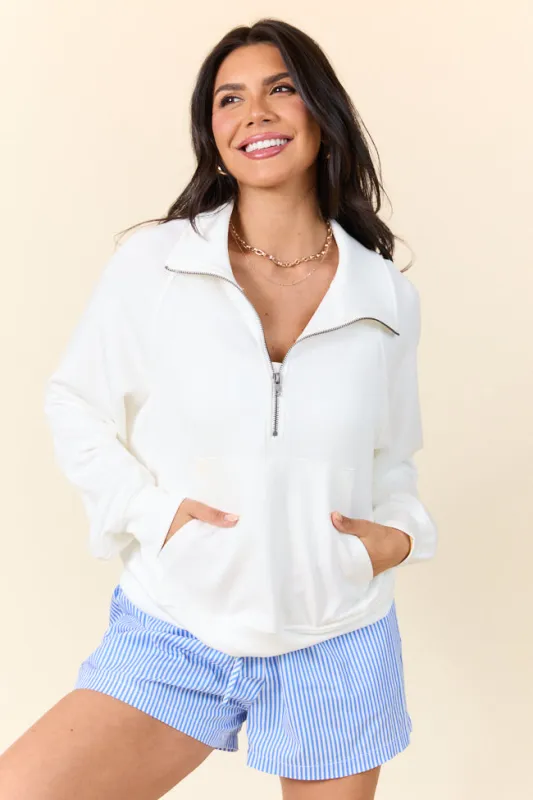 Going Pro White Half Zip Pocket Sweatshirt SALE sold by Pink Lily