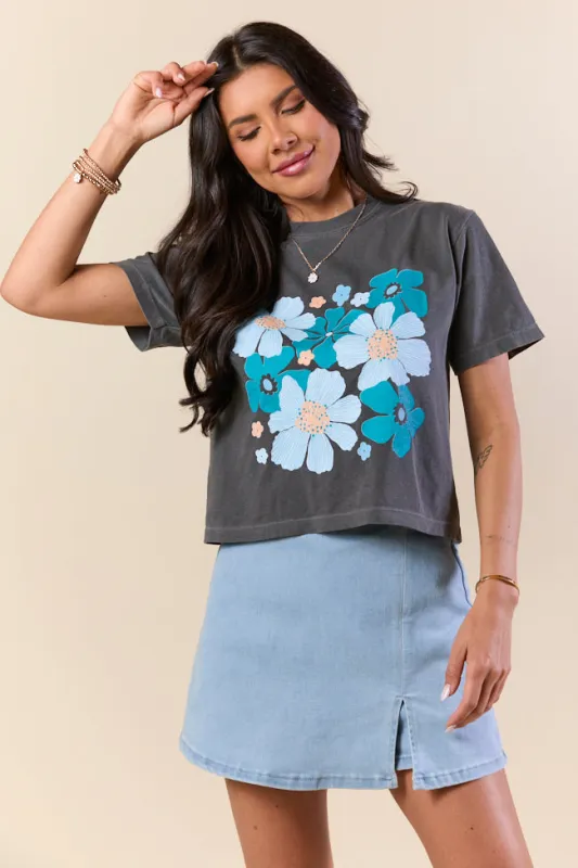Organic Floral Print Grey Boxy Graphic Tee sold by Pink Lily