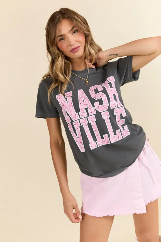 Nashville Block Bandana Printed Dark Grey Graphic Tee sold by Pink Lily