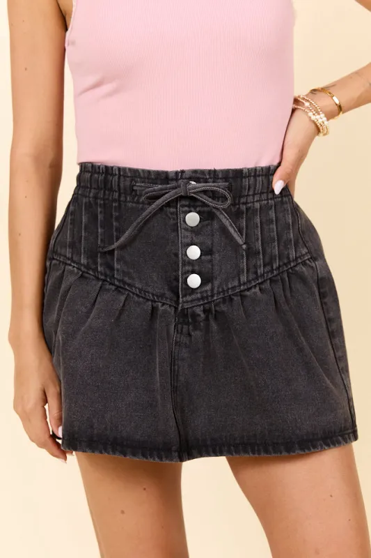 Little By Little Black Drawstring Denim Skirt sold by Pink Lily