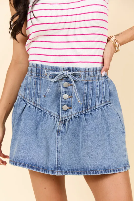 Little By Little Medium Wash Drawstring Denim Skirt sold by Pink Lily