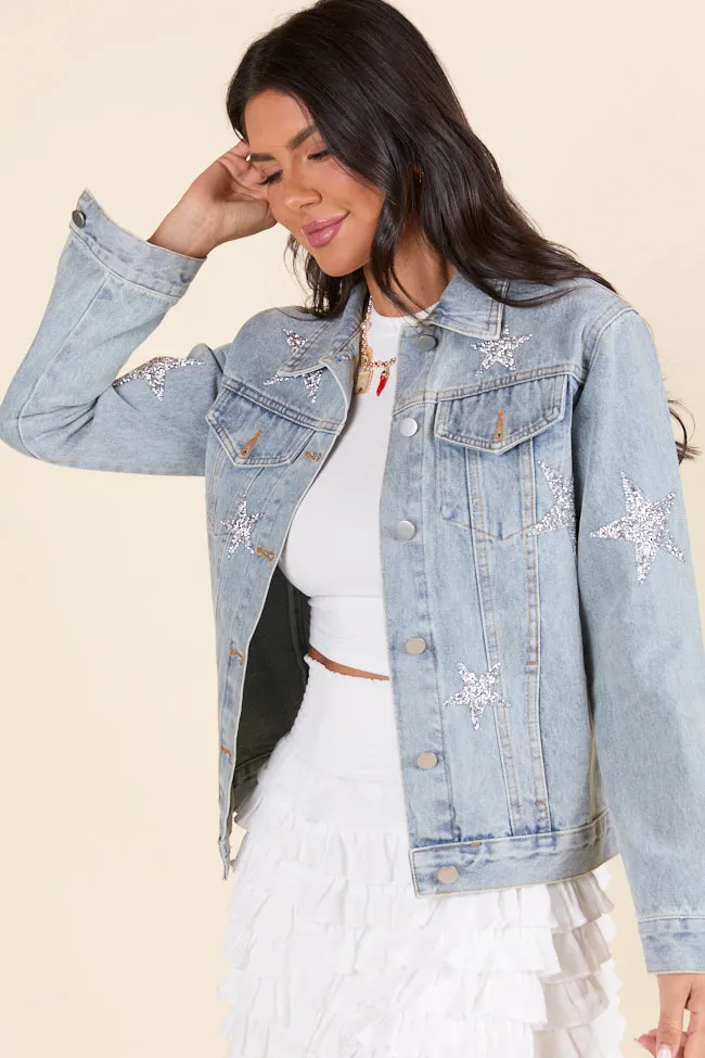 Brightest Night Light Wash Embellished Star Denim Jacket FINAL SALE sold by Pink Lily