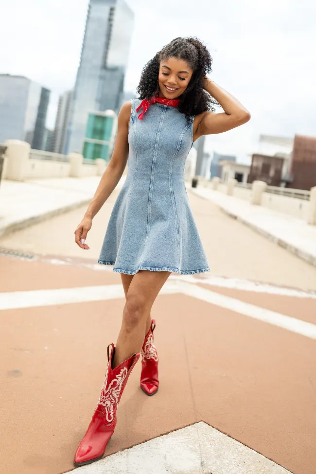 Dancin In The Country Denim High Neck Mini Dress SALE sold by Pink Lily