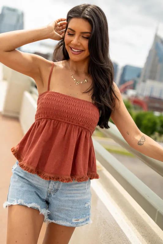 Catching On Burnt Orange Smocked Tank Top SALE sold by Pink Lily