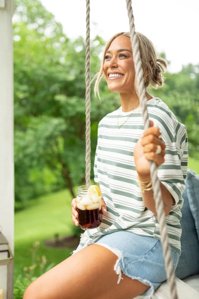 The Mackenzie Olive Oversized Striped Tee Holley Gabrielle X Pink Lily sold by Pink Lily