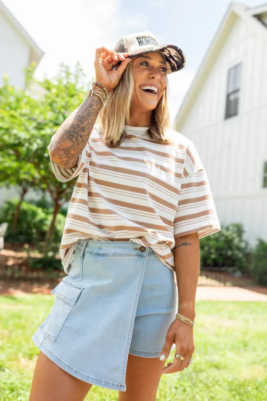 The Mackenzie Tan Oversized Striped Tee Holley Gabrielle X Pink Lily sold by Pink Lily