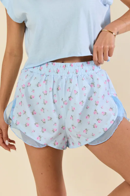 Rosy Rush Blue Print Ruffle Trim Active Shorts sold by Pink Lily
